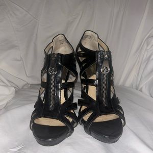Michael Kors Black Patent Leather Strappy Zipper Heels - size 9.5